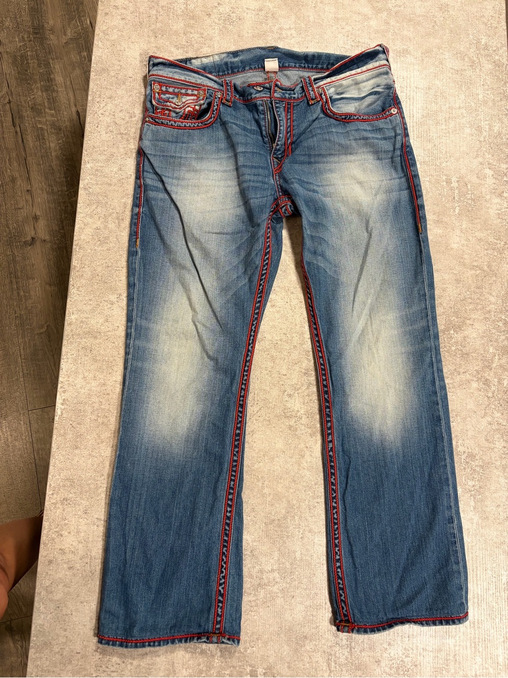 True Religion Men's Blue Straight Jeans with Red Stitching